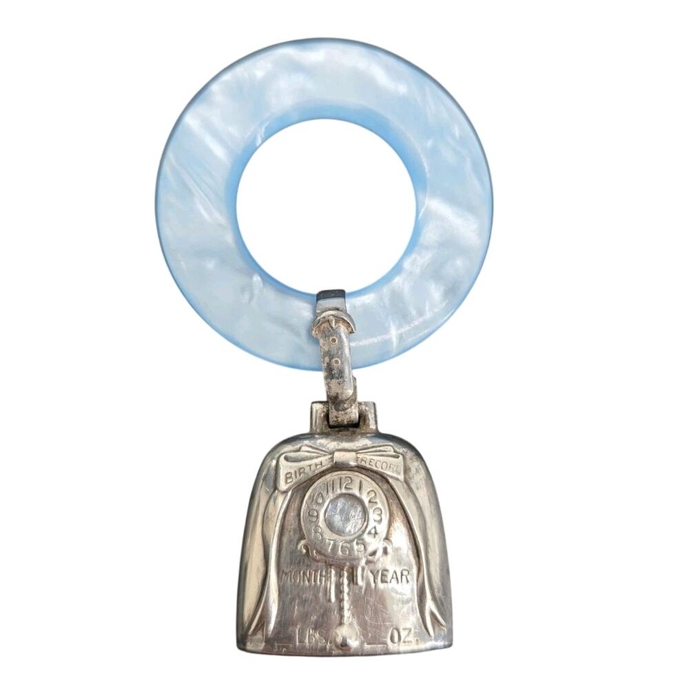 Mid Century Web Sterling Silver Birth Record Rattle Teething Ring Blue Pearlized